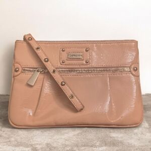 Large Express Tan Patent Leather Wristlet with Gold Accents